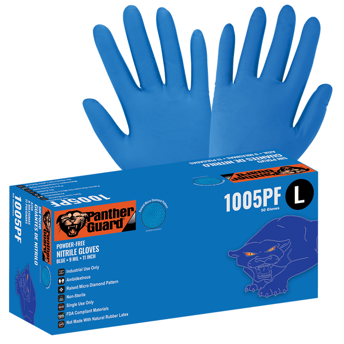 Panther-Guard Heavyweight Nitrile, Powder-Free, Industrial-Grade, Raised Micro-Diamond Pattern, Blue, 9-Mil, 11-Inch Disposable Gloves Global Glove