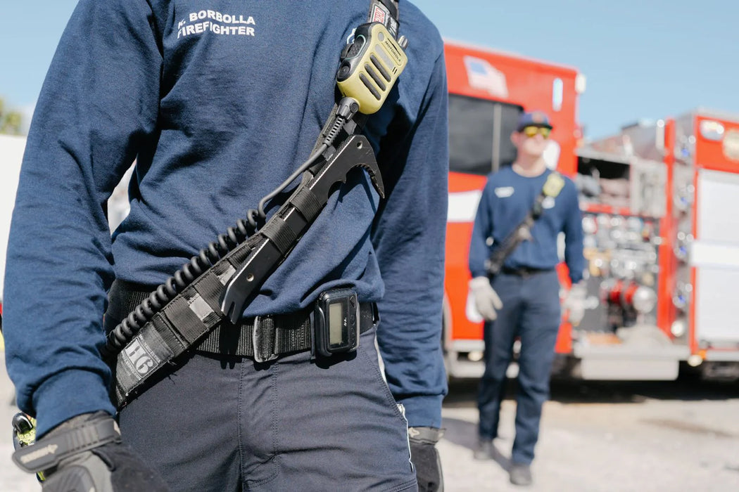 Firefighter carrying the Good Dude BRB breach and rescue bar on duty belt — EDC first responder tool
