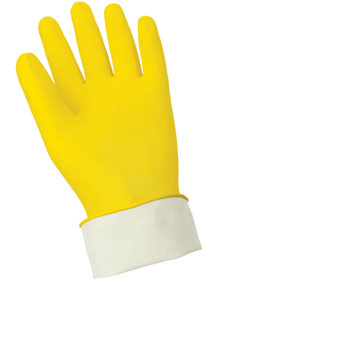Economy Flock-Lined Yellow Latex Unsupported Gloves with Diamond Pattern Grip 150FE Global Glove