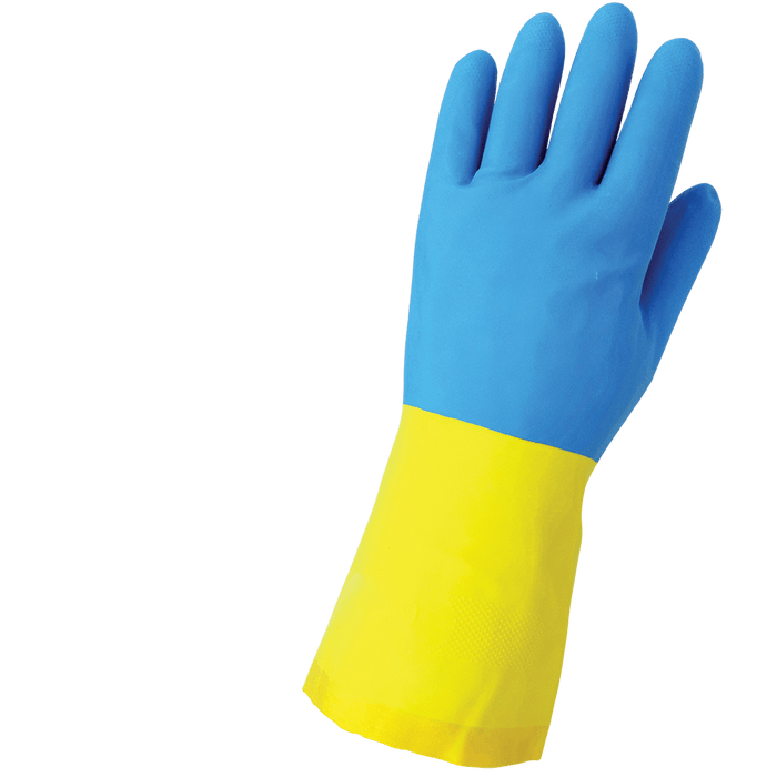 Flock-Lined 26-Mil Yellow Rubber Latex with a Blue Neoprene Coating Unsupported Gloves 244 Global Glove