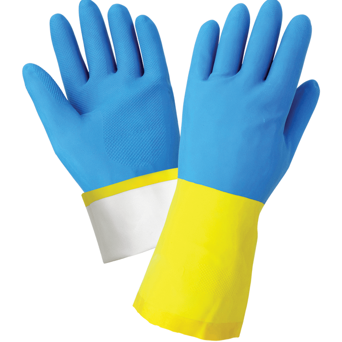 Flock-Lined 26-Mil Yellow Rubber Latex with a Blue Neoprene Coating Unsupported Gloves 244 Global Glove