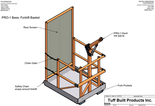 Tuff Built Products PRO-1 Series Forklift basket.  Pro-1 Forklift Basket is designed for working at height when secured to a forklift.  Weight 295 lbs.  SKU# 30164
