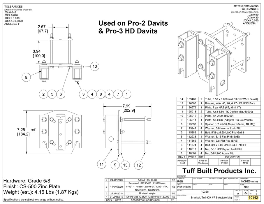 Tuff Built Products Tuff Klik Structure Bracket #7 Tube, 68mm for PRO-1 Winches.  SKU# 60142 Tuff Built
