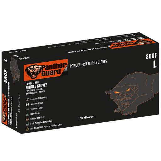Panther-Guard Heavyweight Nitrile, Powder-Free, Industrial-Grade, Black, 8-Mil, Flock Lined, Textured Fingertips, 11-Inch Disposable Gloves Global Glove