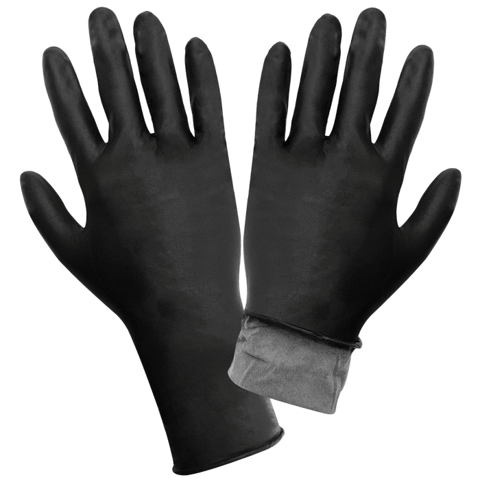 Panther-Guard Heavyweight Nitrile, Powder-Free, Industrial-Grade, Black, 8-Mil, Flock Lined, Textured Fingertips, 11-Inch Disposable Gloves Global Glove