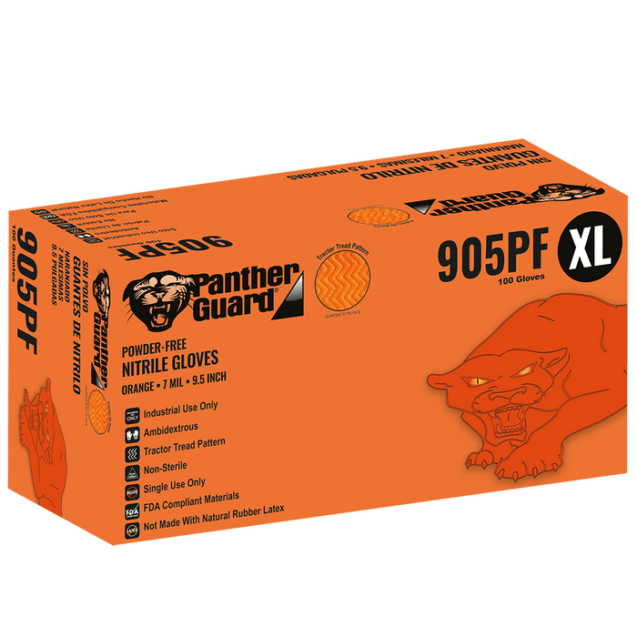 Panther-Guard Heavyweight Nitrile, Powder-Free, Industrial-Grade, High-Visibility Orange, 7-Mil, Tractor Tread Pattern, 9.5-Inch Disposable Gloves Global Glove