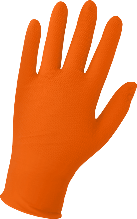 Panther-Guard Heavyweight Nitrile, Powder-Free, Industrial-Grade, High-Visibility Orange, 7-Mil, Tractor Tread Pattern, 9.5-Inch Disposable Gloves Global Glove