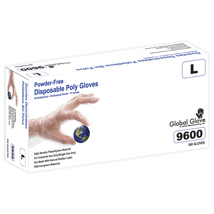 Polyethylene, Powder-Free, Industrial-Grade, Clear, Embossed Finish (11") Disposable Gloves 9600 Global Glove