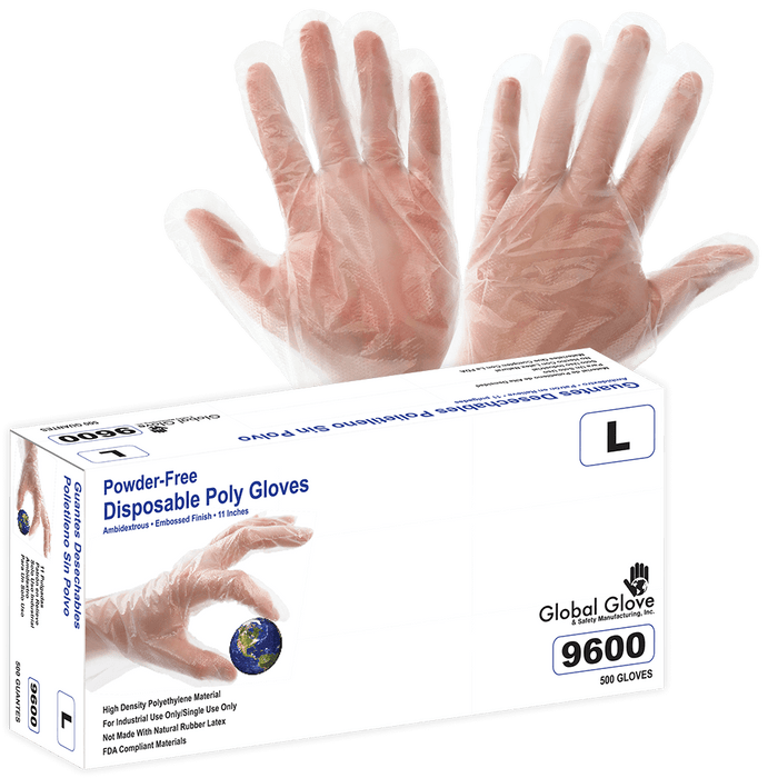 Polyethylene, Powder-Free, Industrial-Grade, Clear, Embossed Finish (11") Disposable Gloves 9600 Global Glove