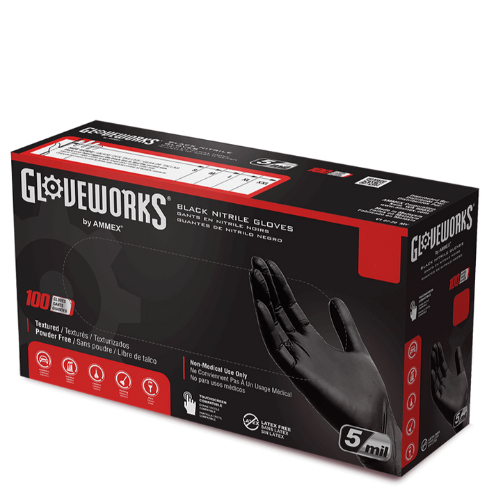 AMMEX Gloveworks Industrial Black Nitrile Gloves GPNB