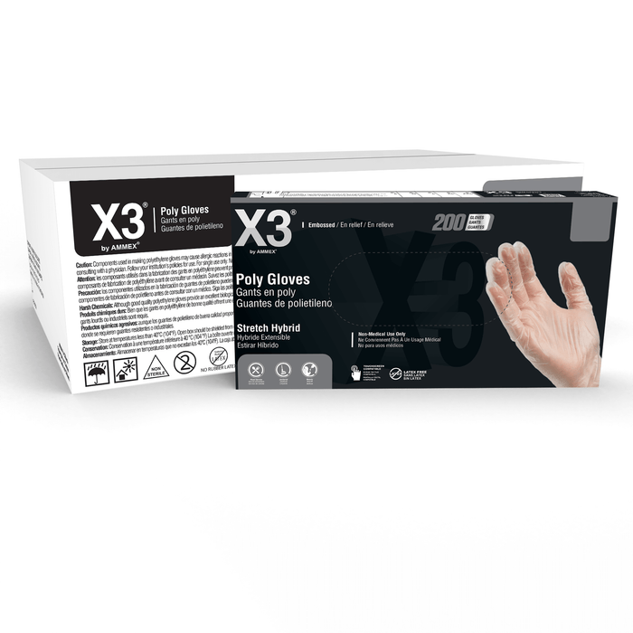 AMMEX X3 Food Service Clear Stretch Hybrid Poly Gloves TEX3 AMMEX